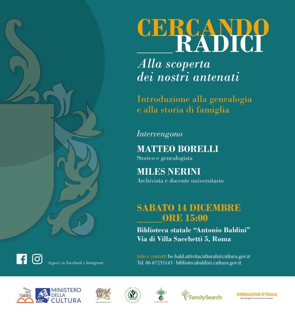 “Cercando radici. Alla scoperta dei nostri antenati”: biblioteca “A. Baldini” di Roma, 14 dicembre, ore 15